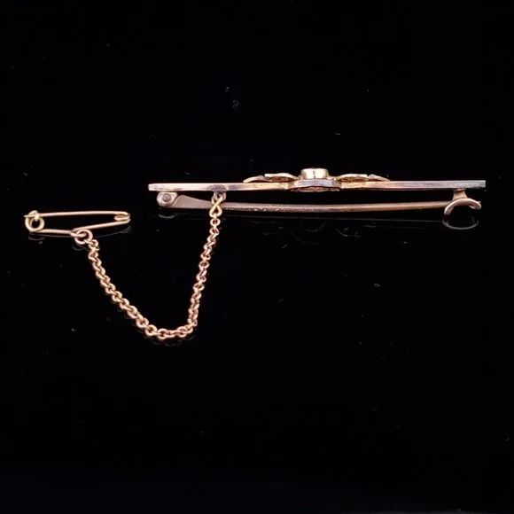 Antique Old Cut Amethyst Seed Pearls 9k Yellow Gold Brooch w Chain English Pin - Picture 6 of 6